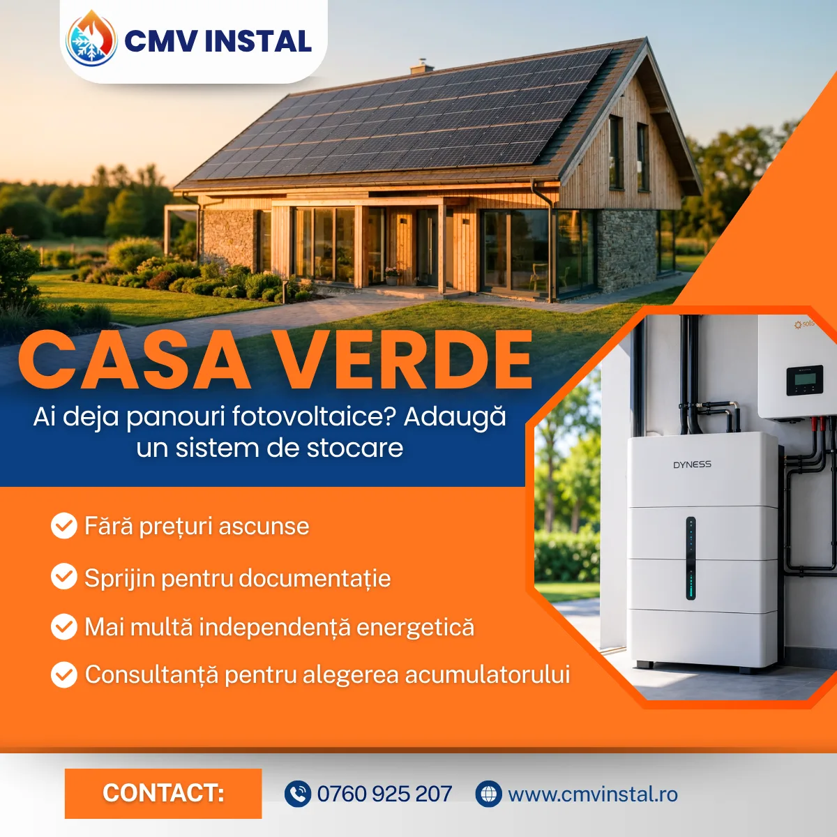 Oferta Casa Verde - sistem de stocare pentru locuinte cu panouri fotovoltaice, CMV Instal
