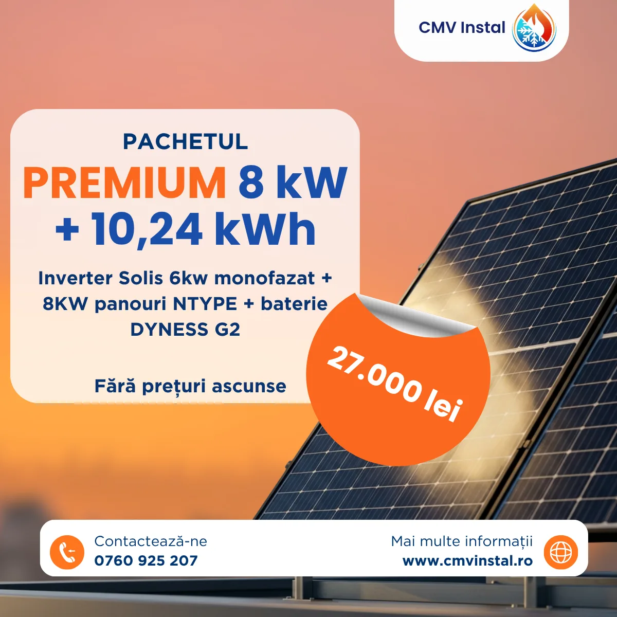 Oferta sistem fotovoltaic Premium 8 kW cu baterie 10,24 kWh - 27.000 lei, CMV Instal