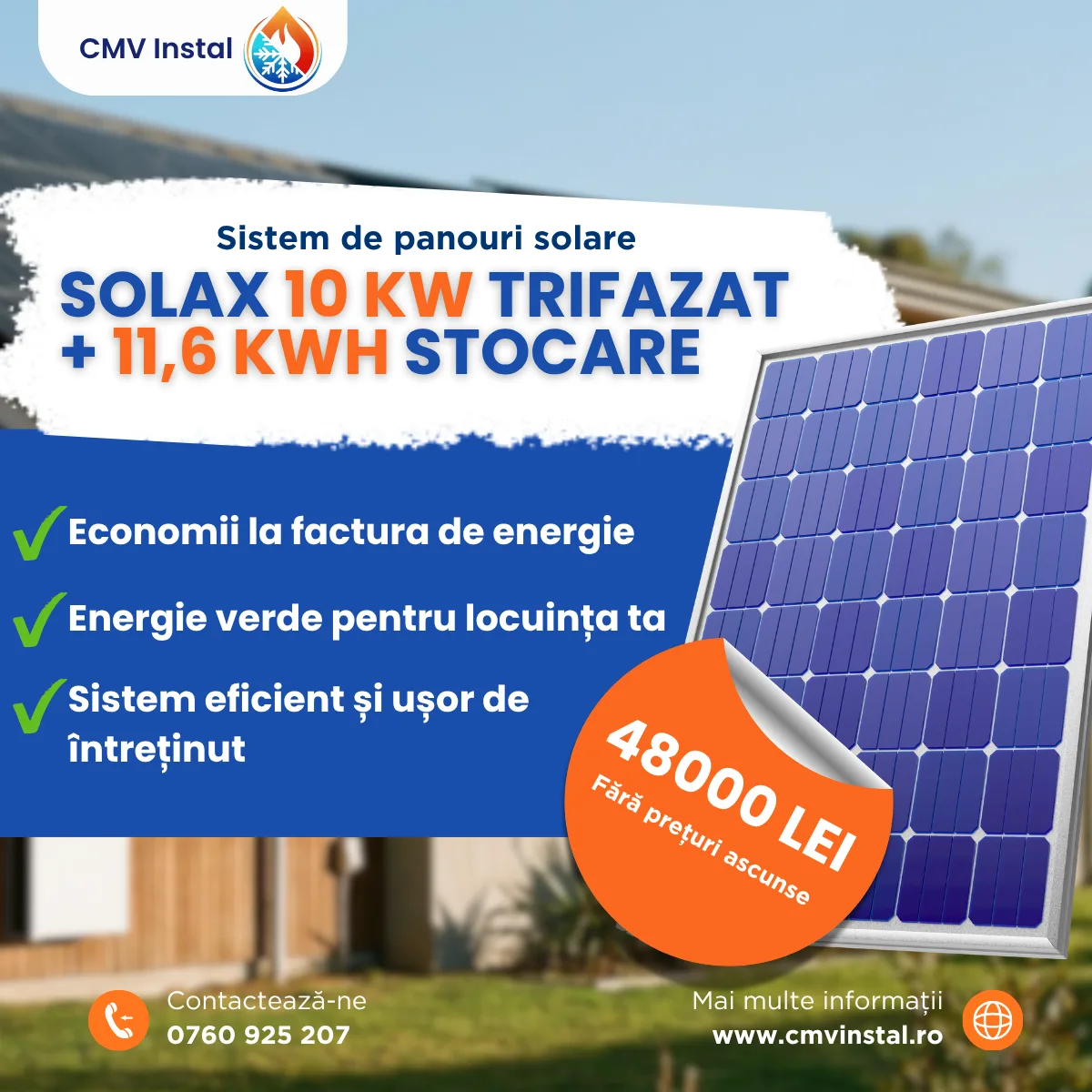 Oferta sistem fotovoltaic Solax 10 kW trifazat cu stocare 11,6 kWh - 48.000 lei, CMV Instal